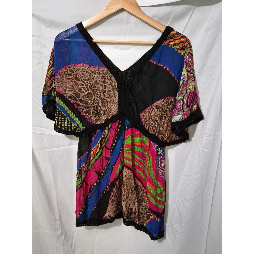 Simon Chang 4 Multicolor Pullover Sheer Crochet Art to Wear Classic Retro Top